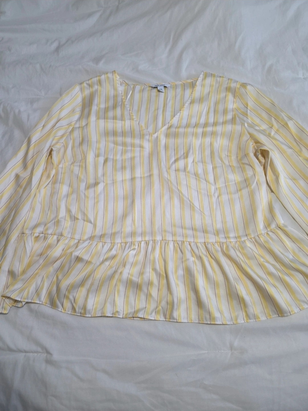 Nine West Yellow and White Striped Peplum Blouse